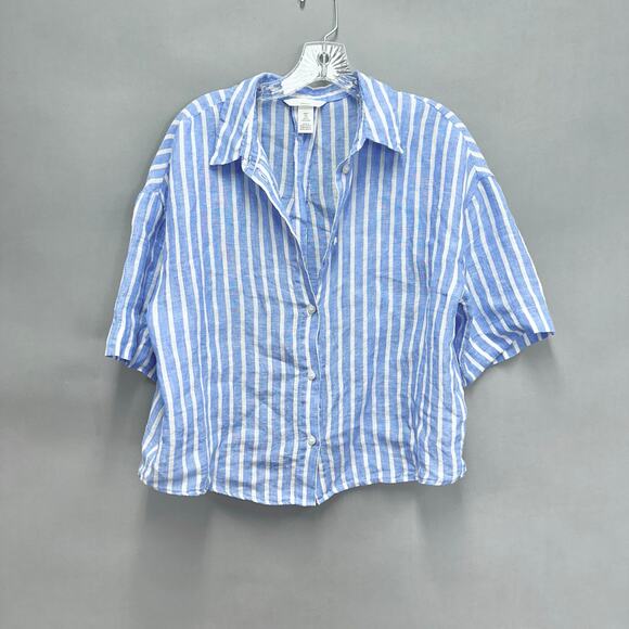 H&M blue striped linen 3/4 sleeve button up cropped top size Small boxy oversize - Picture 14 of 16